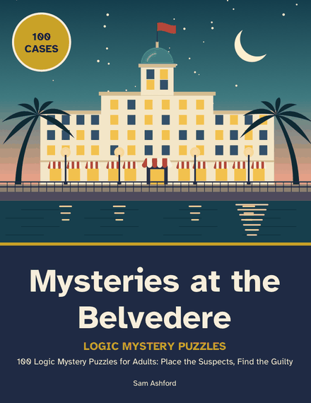 Cover of Mysteries at the Belvedere: a grand hotel on the seafront at dusk, with a 100 Cases badge.