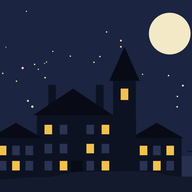 A dark country house with lit windows under a full moon.