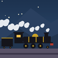 A steam train at night, trailing white steam.