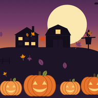 A farm on a hill at dusk, with carved pumpkins in front.